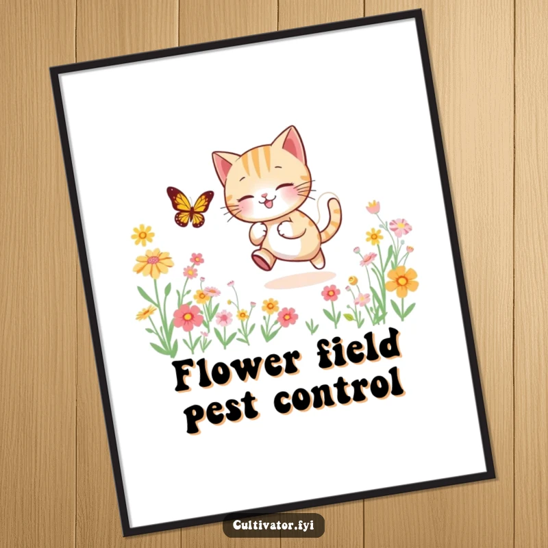 Funny digital art download of a lively cat character joyfully chasing a butterfly amidst a vibrant and colorful field of blooming flowers.
