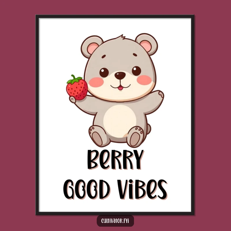 Funny Bear Berry Digital Print: Playful Character Proudly Presents a Perfect Berry
