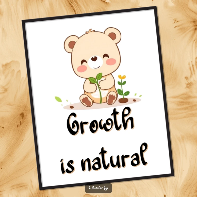 Funny digital art print of a cheerful bear cub character humorously guiding a tiny sprout, a delightful and funny addition to any space.