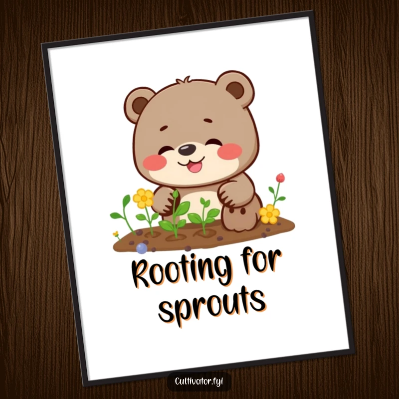 Funny bear planting digital art print of a giggling bear determinedly sowing seeds, creating a charming garden-themed artwork.