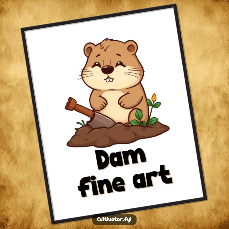 Funny beaver digital art print of a diligent beaver digging a garden bed with a determined expression, downloadable funny gift.