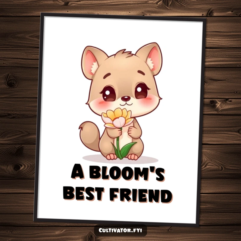 Funny Digital Art Print of a curious animal character mesmerized by a budding flower, perfect for adding joy and artistry to any wall.