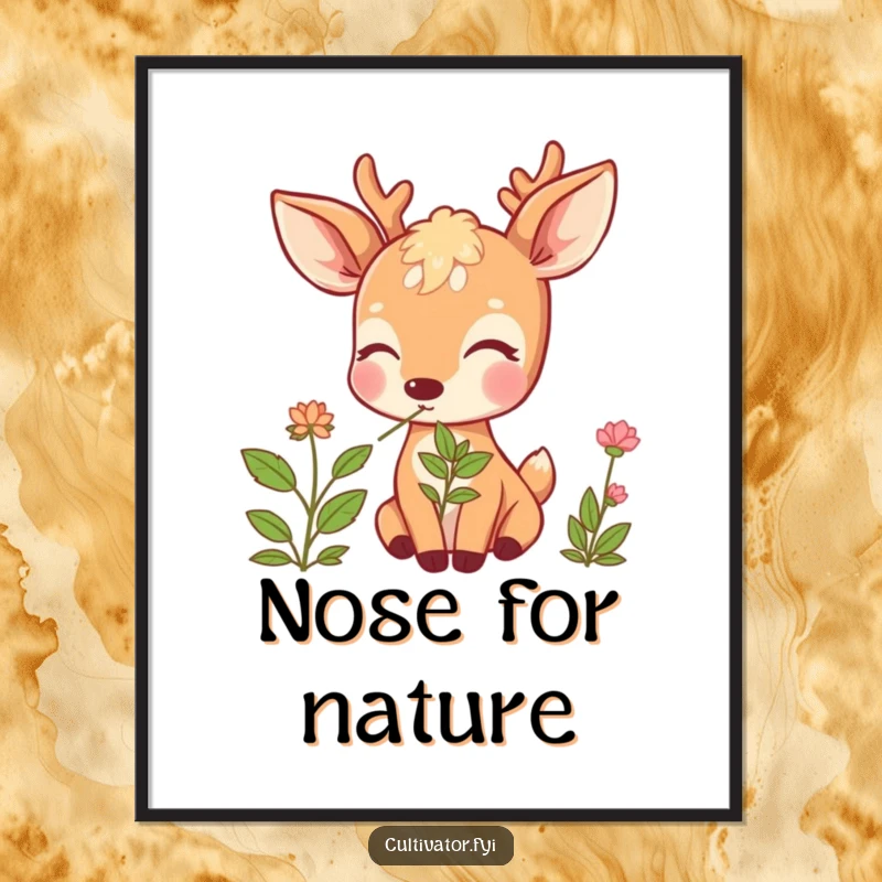 Funny Deer Digital Art: Beaming deer with closed eyes inhaling a herb, a humorous and tranquil artwork for instant download.