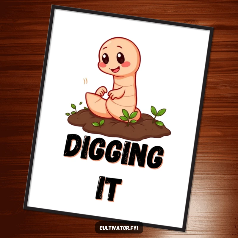 Funny earthworm tilling digital art print showing a diligent worm rapidly working the soil.