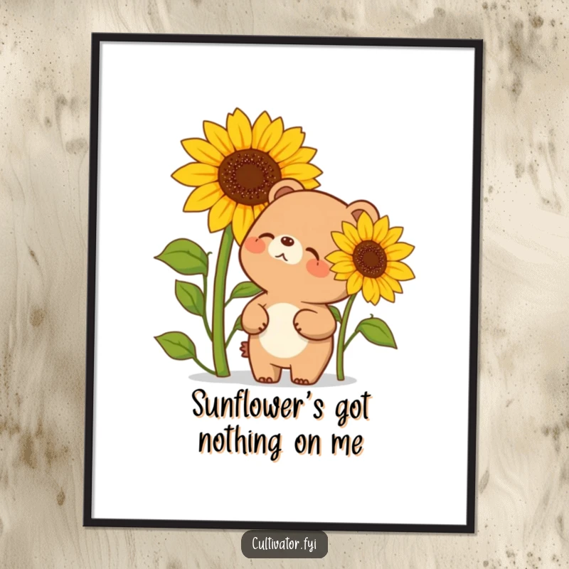Funny digital art download of a bear character in fits of giggles, admiring a sunflower that dramatically dwarfs its size. Whimsical and charming.
