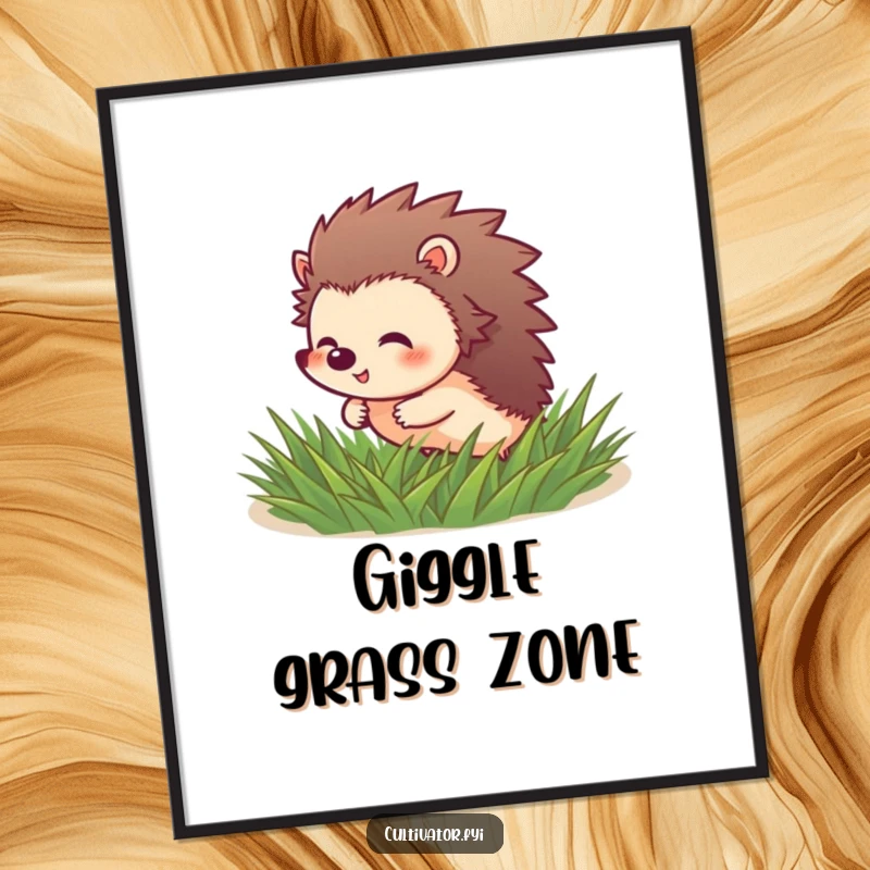 Funny Hedgehog Digital Art Print: Giggling hedgehog character happily rolls through soft green grass, joyful.