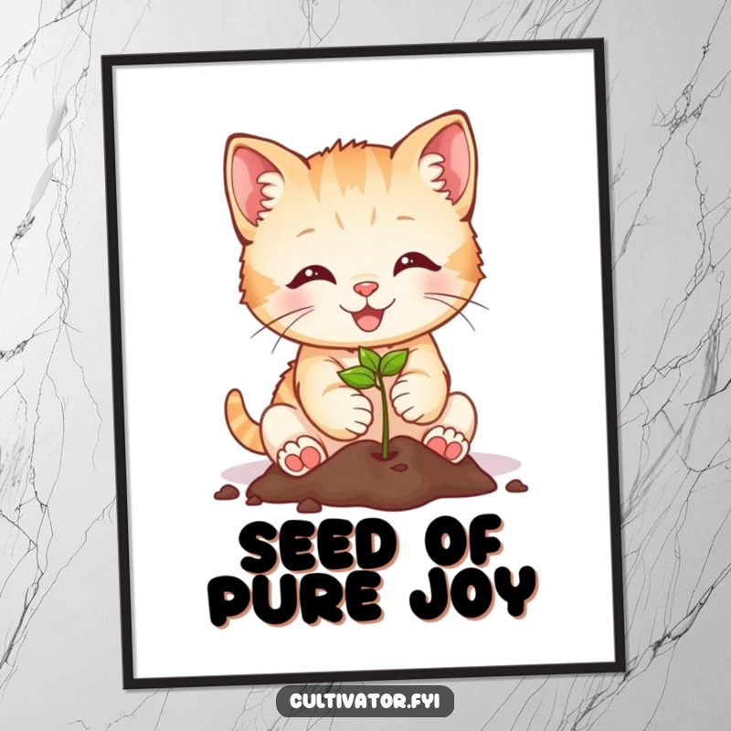 Funny smiling kitten planting a tiny seed, as digital art, offering humorous and cute printable garden decor.