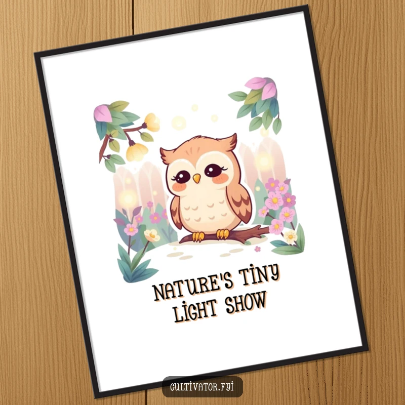 Funny digital art download of a contented owl observing a cluster of glowing fireflies in a detailed, magical garden scene at twilight.