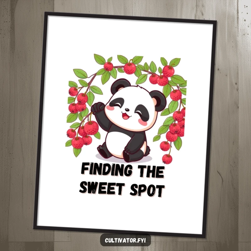 Funny panda digital art print, showing a panda happily picking a single ripe berry from a bush, ready to print.