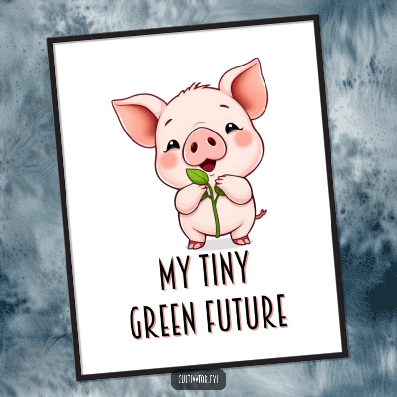 Funny digital art print of a proud piglet proudly presenting a tiny green sprout, bringing cheerful garden vibes.