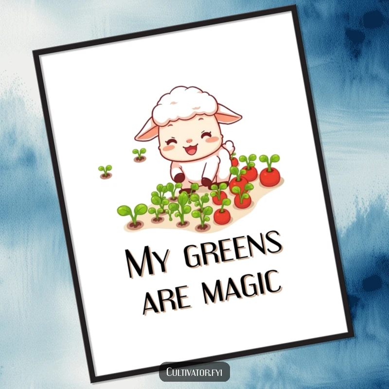 Funny happy sheep joyfully tending rows of tiny vegetables digital art print, perfect for charming garden decor.