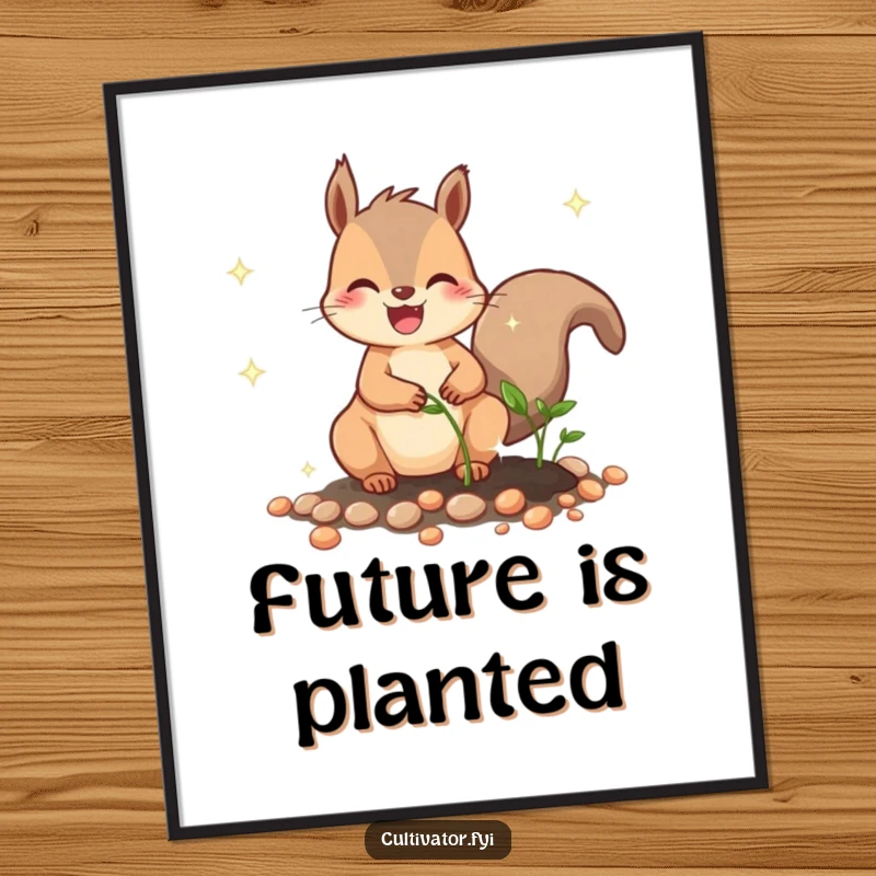 Funny digital art print of a joyful squirrel character humorously planting sparkling seeds, a delightful and funny addition to any space.