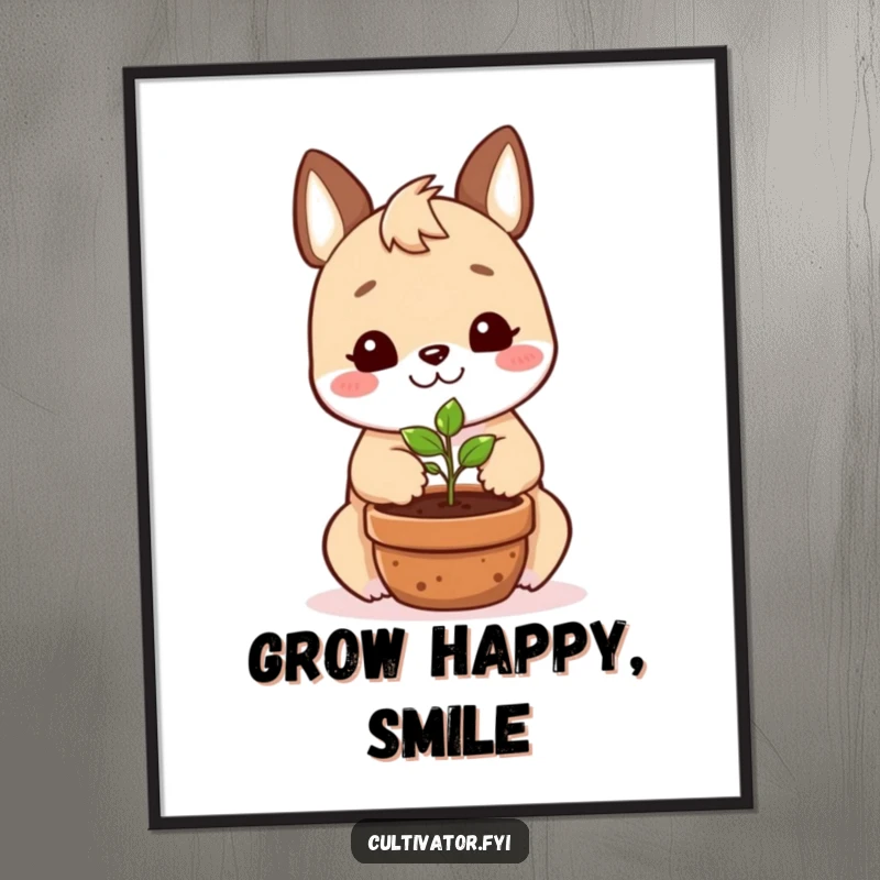 Funny digital art print of a smiling animal character happily planting a tiny seedling in a pot, celebrating growth.