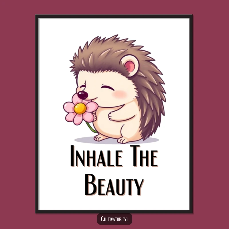 Funny Hedgehog Flower Digital Art - Contented Smelling Bloom, Instant Nature Decor Gift