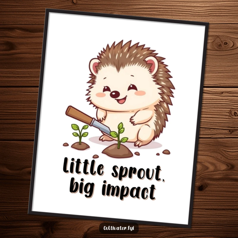 Funny hedgehog digital art print, a hedgehog planting a seed with a trowel, instant download, humorous garden illustration, perfect funny gift.