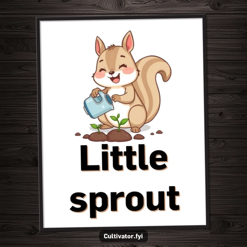 Funny cute squirrel joyfully planting a tiny seed with a watering can, a high-resolution digital art print for garden decor.
