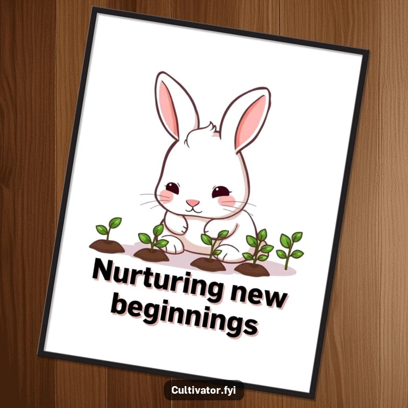 Funny rabbit carefully nurturing seedlings, as digital art, offering humorous and cute printable garden decor.