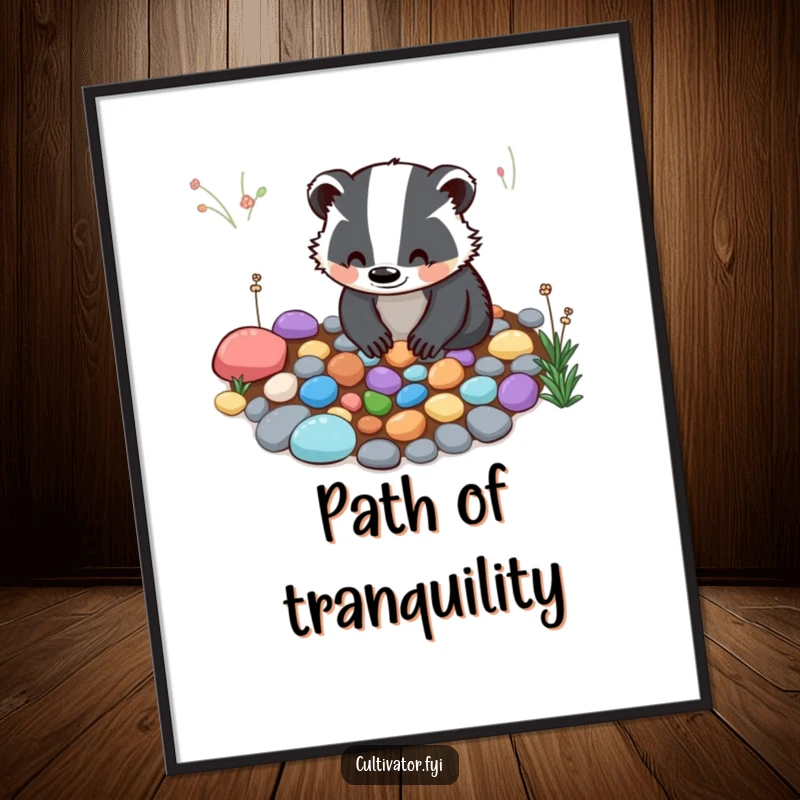 Funny Digital Art: A smiling badger carefully arranges colorful pebbles for a garden path, offering instant natural serenity.