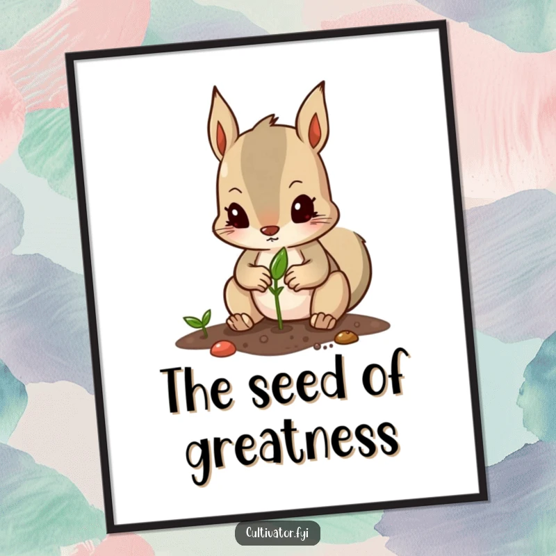 Funny digital art print of a determined squirrel character carefully planting a seed with its tiny paws, perfect for decor.