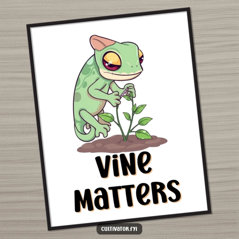 Funny chameleon measuring digital art print showing a curious reptile carefully measuring the growth of a tiny vine.