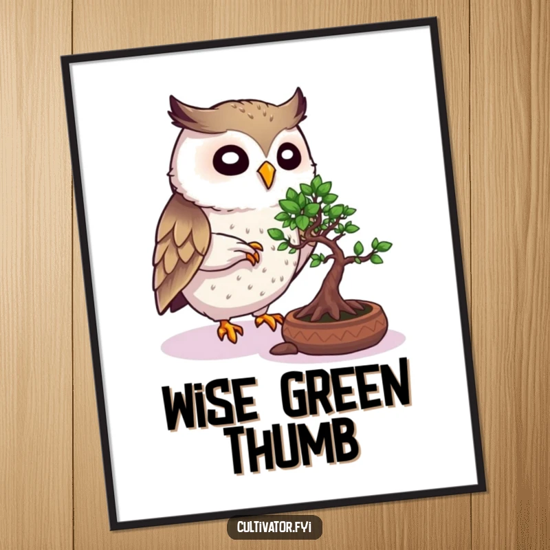 Funny Owl Digital Art: Lively owl meticulously pruning a bonsai, a humorous and wise artwork for instant download.