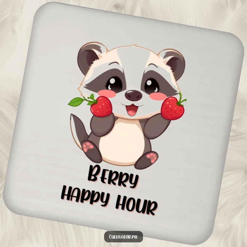 Funny coaster showing a playful badger proudly displaying a freshly picked berry, ideal for protecting furniture.