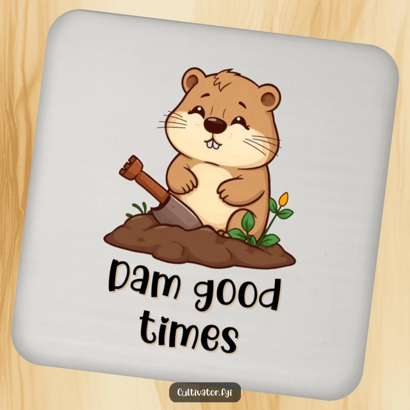 Funny beaver coaster featuring a diligent beaver digging a garden bed with a determined expression, a quirky funny gift.