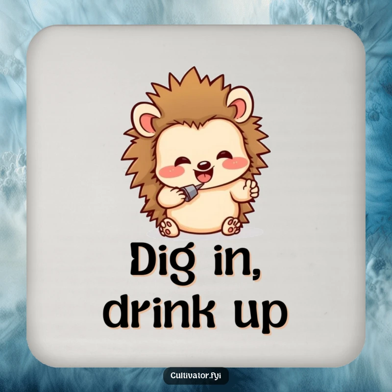 Funny drink coaster featuring a delighted hedgehog character humorously digging in rich soil, protecting surfaces with funny charm.