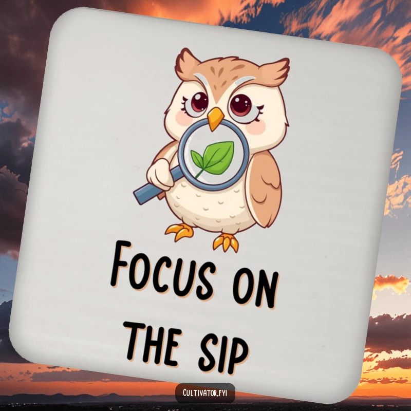 Funny owl drink coaster, depicting an owl using a magnifying glass on a small leaf, a cute table accessory.