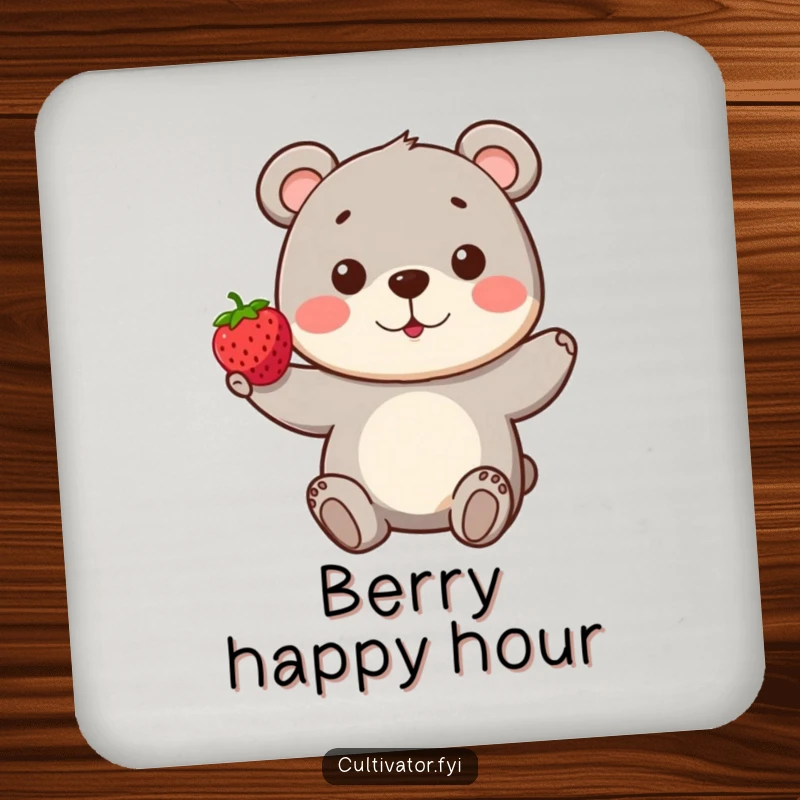 Funny Bear Coaster: A playful bear proudly presents a single, perfect berry, safeguarding surfaces with adorable charm.