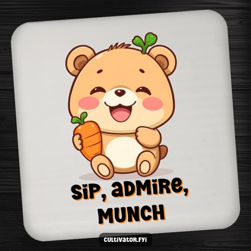 Funny coaster, joyful bear holding a carrot, drink protection, healthy home accessory.