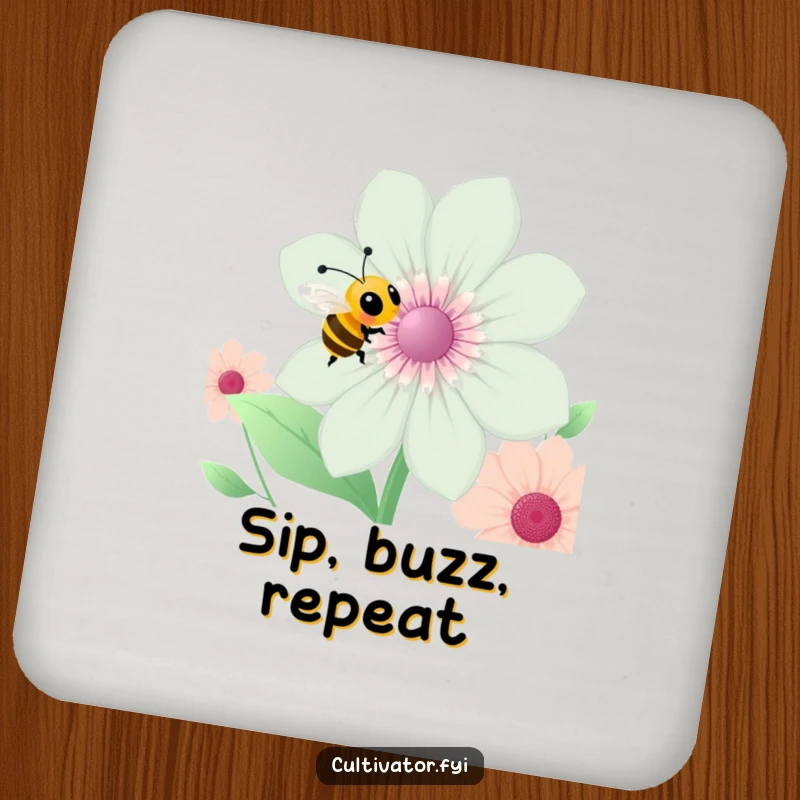 Funny bee coaster, a happy bee near a flower, protects furniture, humorous garden art, great funny gift.