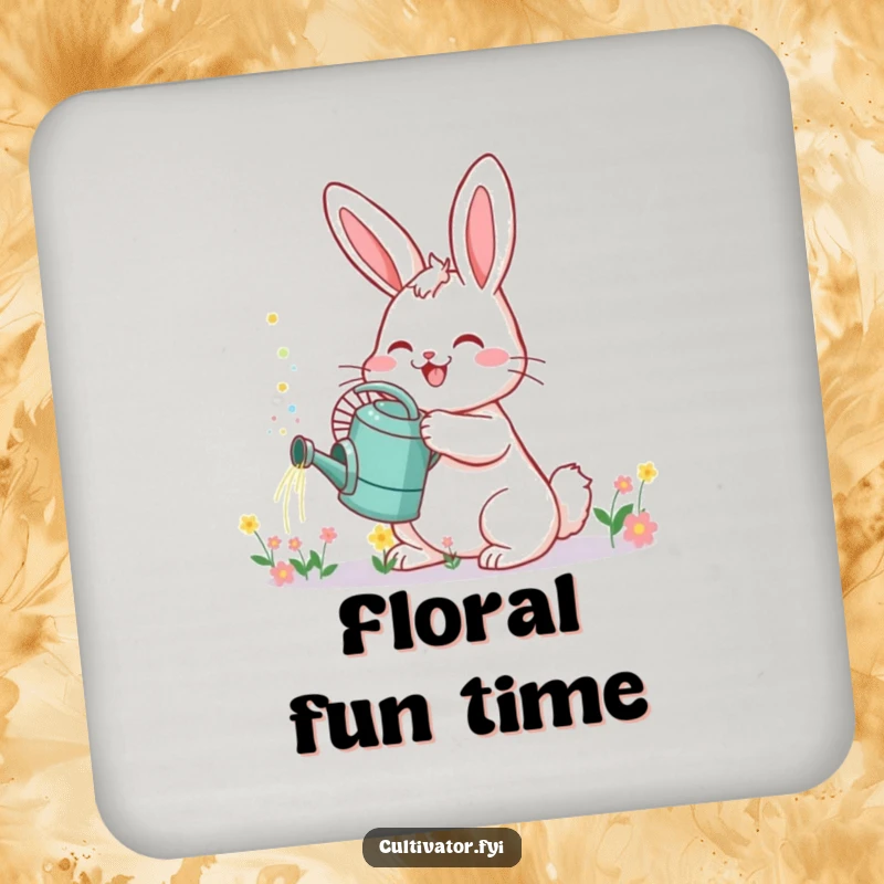 Funny Bunny Coaster: Cheerful bunny with watering can sprinkles tiny flowers, protecting surfaces with joy.