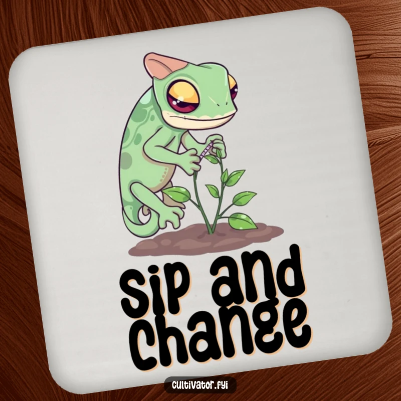 Funny chameleon measuring coaster with a curious reptile carefully measuring a tiny vine's growth, protecting surfaces.