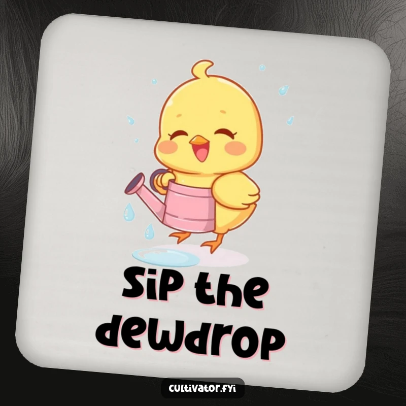 Funny coaster showing a joyous chick happily collecting dewdrops in a tiny watering can, ideal for protecting furniture.