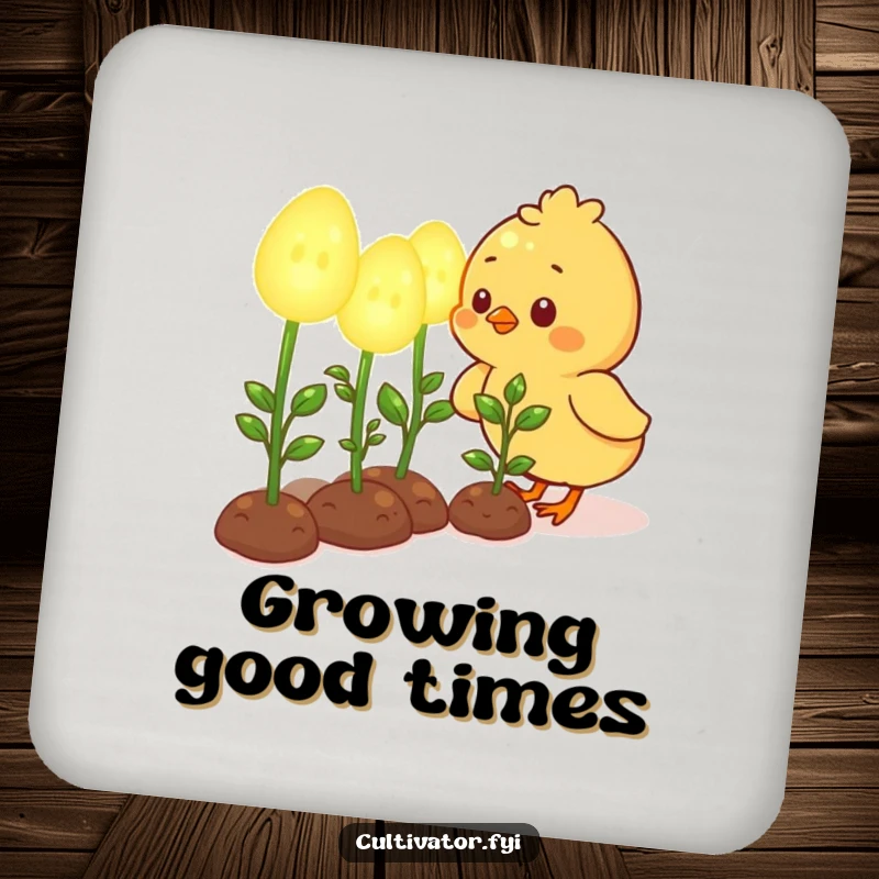 Funny drink coaster with a cute chick character happily tending to oversized, glowing seedlings, a charming addition to any table.