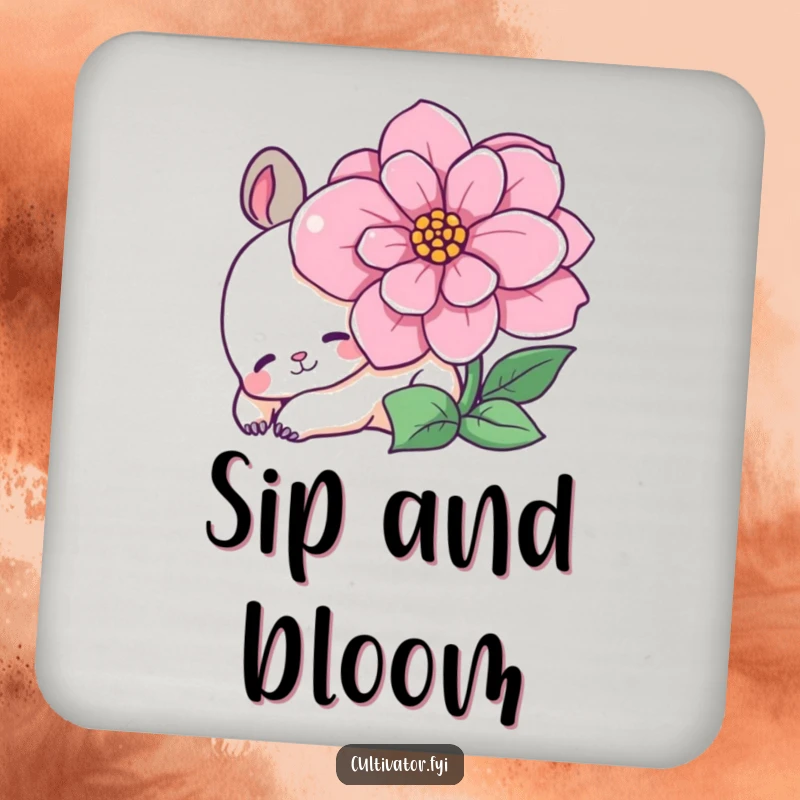 Funny drink coaster displaying a content animal character relaxing beside a blooming flower, protecting surfaces with humorous charm.