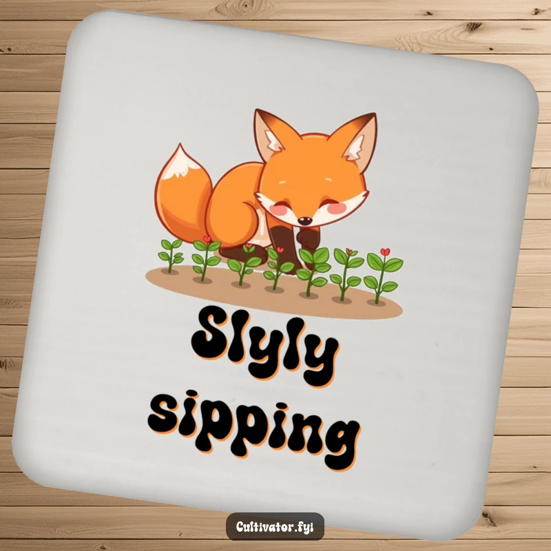 Funny fox coaster featuring a playful fox tending to tiny seedlings with enthusiasm, a cute funny gift.