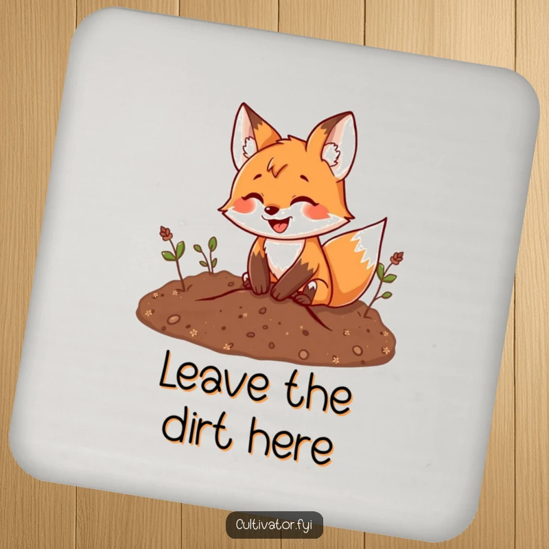 Funny fox coaster featuring a happy fox digging in soil, a small yet cheerful piece of decor for tabletops.