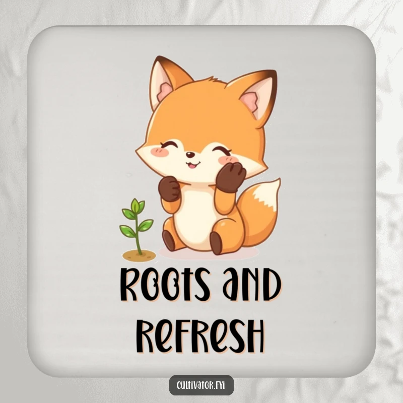Funny Fox Coaster: Happy fox character wearing gloves gently tending a small sprout, protecting surfaces.