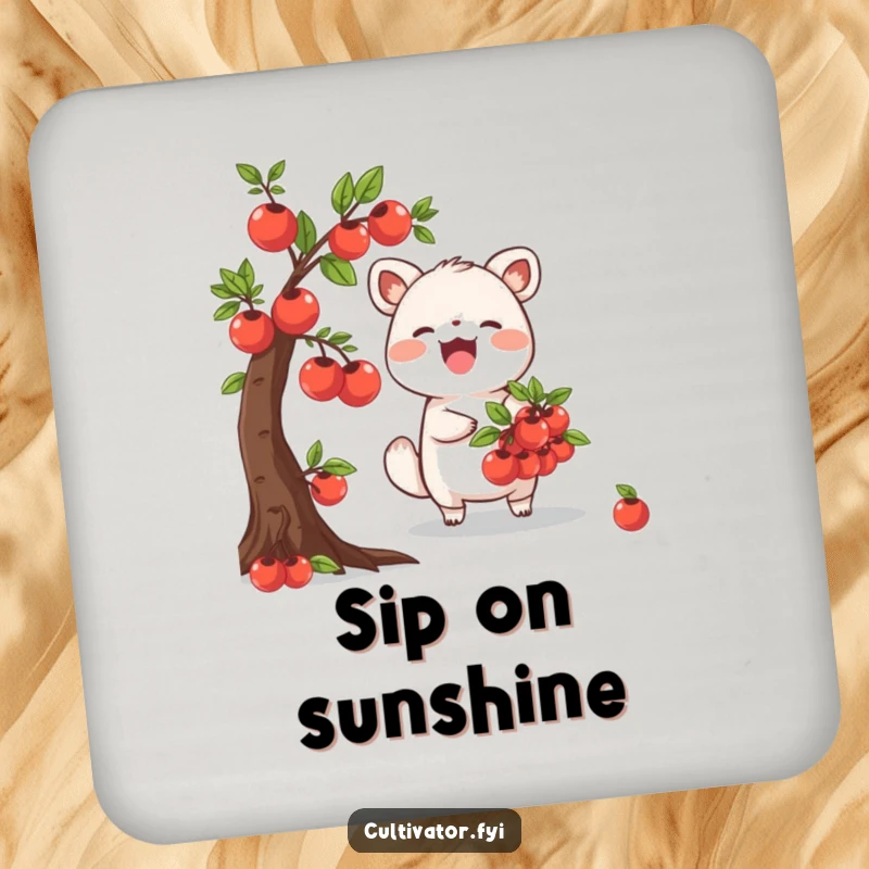 Funny Coaster with a joyful animal character happily harvesting ripe fruits from a miniature tree, adding a touch of nature's fun to any table.