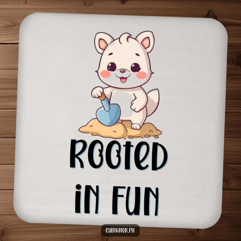 Funny drink coaster displaying a cheerful animal character using a small trowel to shape the earth, protecting surfaces with humor.