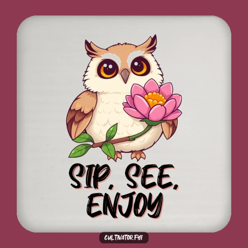 Funny Joyful Owl Observing Flower Coaster - Protect Surfaces with Nature's Charm