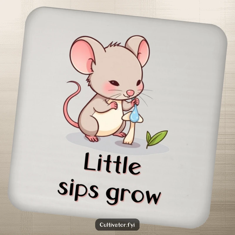 Funny Mouse Coaster: Determined mouse character carefully waters a minuscule mushroom with a dropper, protecting surfaces.