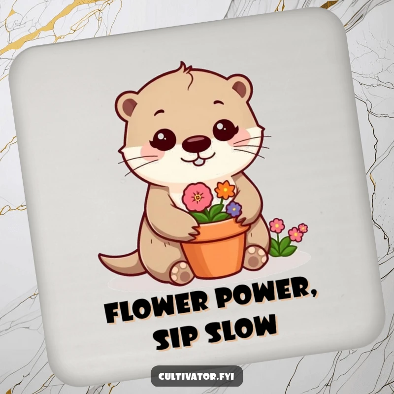 Funny otter coaster featuring a cheerful otter tending a flower pot, a small yet charming piece of decor.