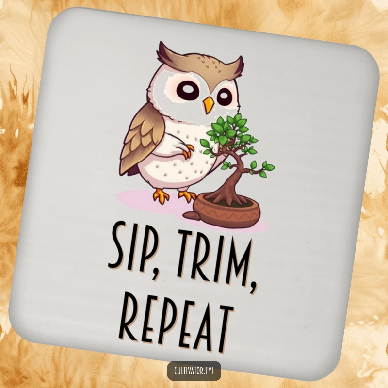Funny Owl Coaster: Lively owl carefully pruning a bonsai, offering protection with a touch of wise, humorous style.