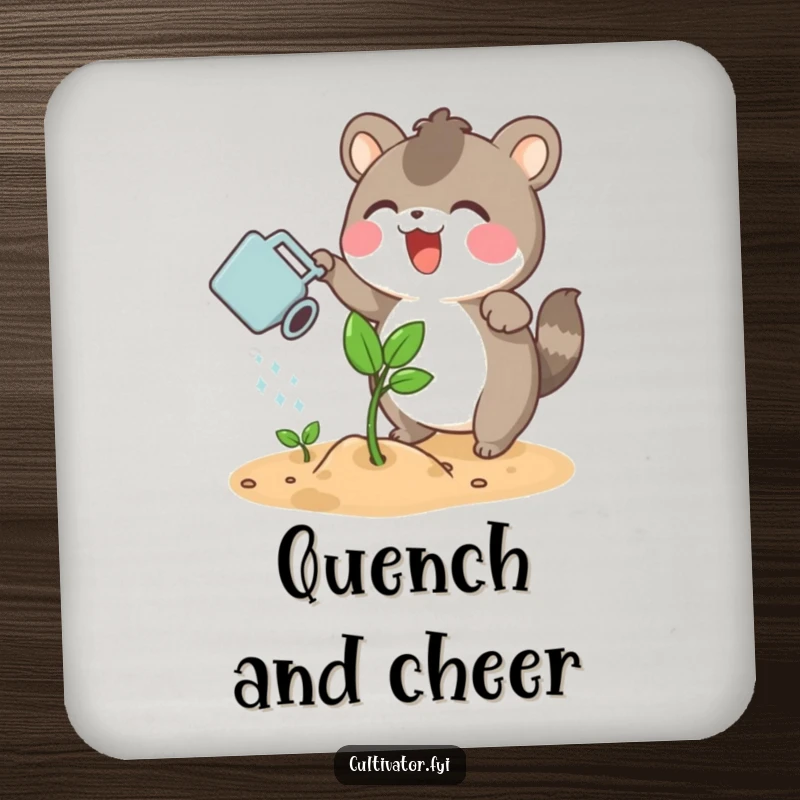 Funny drink coaster with an excited animal character watering a sprouting plant with a small watering can, protects surfaces cheerfully.