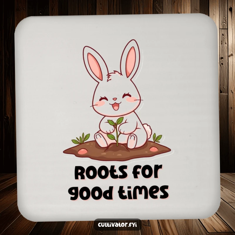 Funny cheerful rabbit planting a tiny seed with a big smile drink coasters, adding garden charm to your table.