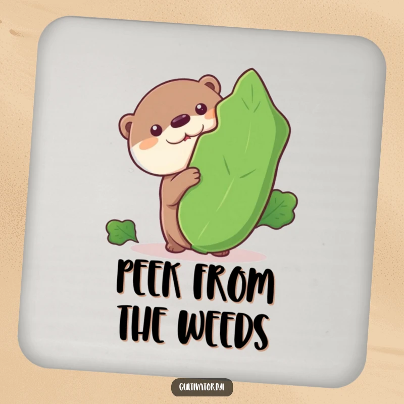 Funny coaster, curious otter peeking from behind a leafy vegetable, drink protection, humorous home accessory.