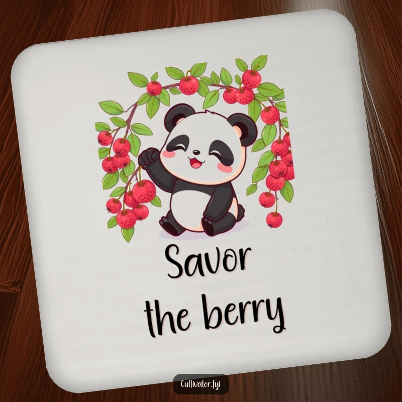 Funny panda drink coaster, depicting a panda picking a ripe berry from a bush, a cute table accessory.
